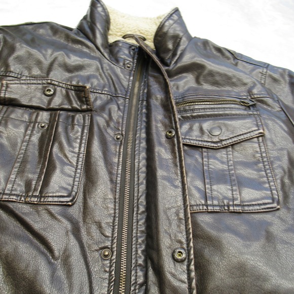 Levis Jacket Mens Large Brown Faux Leather‎ Sherpa Lined Pockets Snap Zip Front - Picture 13 of 16